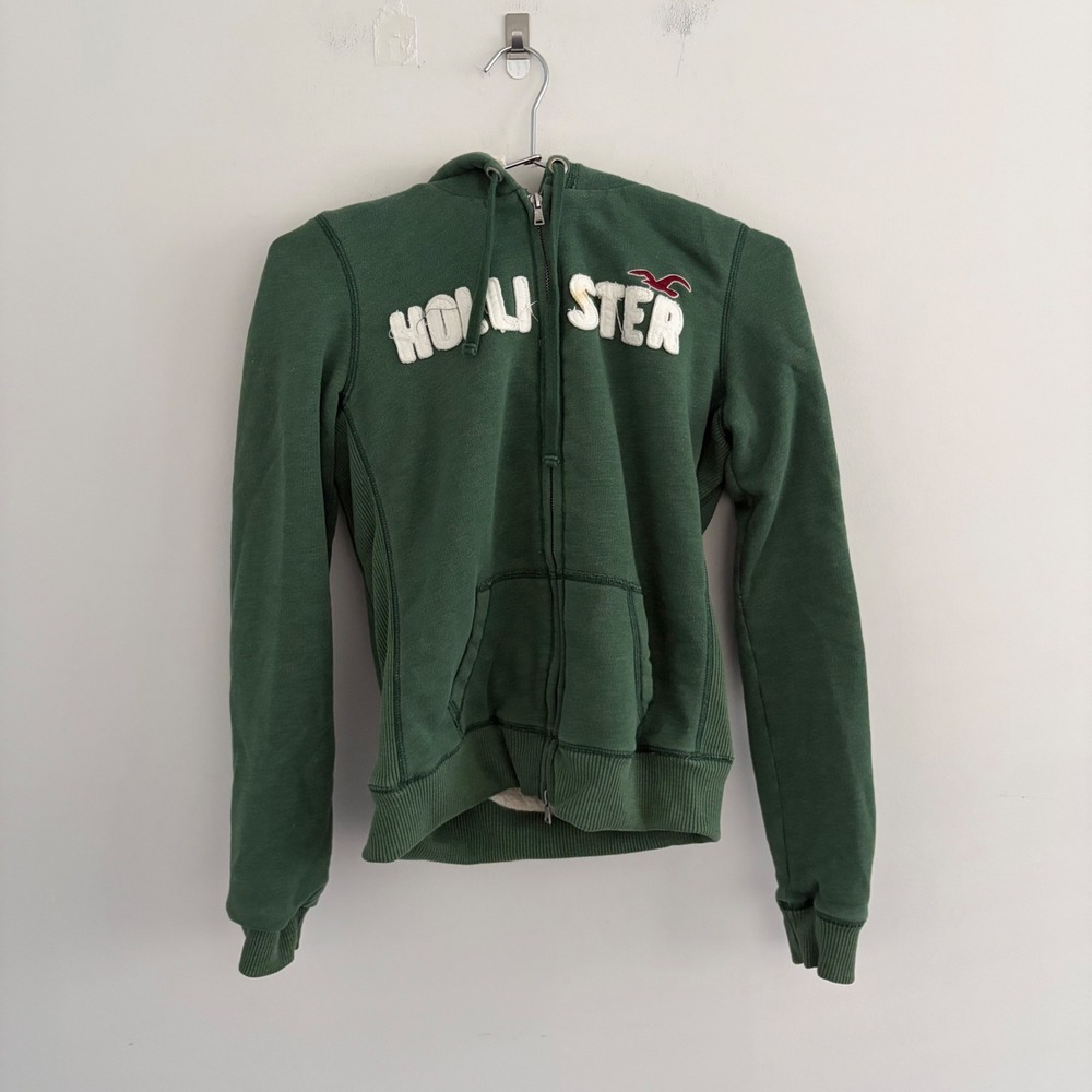 Hollister Womens Green Sherpa Lined Full Zip Hoodie Logo Medium